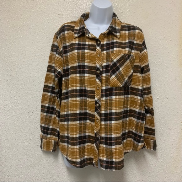 Arizona Jean Company Tops - Arizona Jean Co. Flannel Button Down Shirt Size LYellow Brown Plaid Long Sleeve